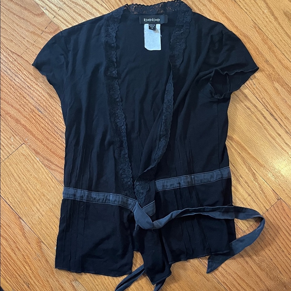 Bebe Black Lace Trim Wrap Top